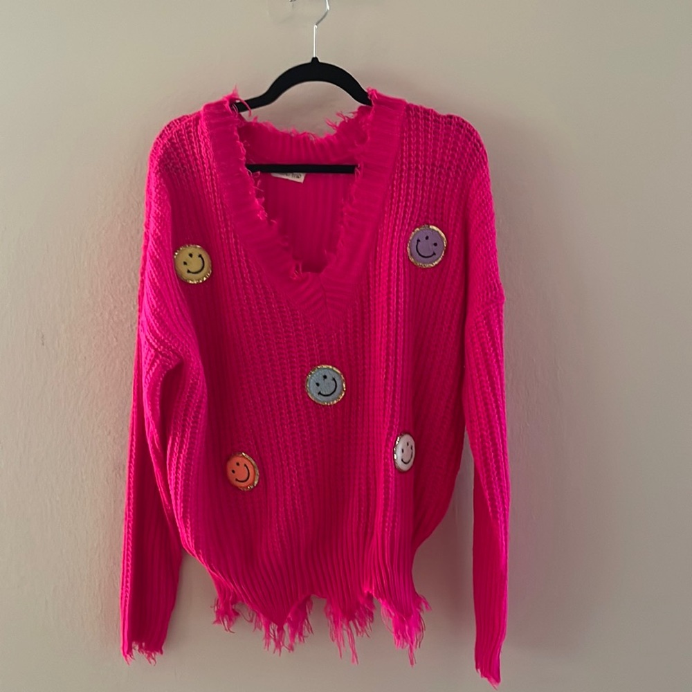 boutique hot pink smiley face sweater